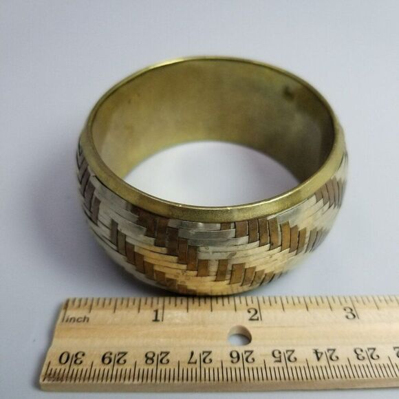 Vintage Braided Woven Mixed Metal Wide Bangle Bracelet, Striped Pattern, Estate - Picture 4 of 6